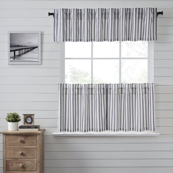VHC Brands Sawyer Mill Black 3 PC Ticking Stripe Curtain Set (1 Valance 16x72 and 2 Tier 24x36)