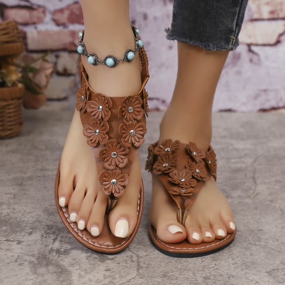 absuyy Womens Brown Sandals Floral Flip Flops with Elastic Strap, Comfortable Thong Sandals for Women,Size 7