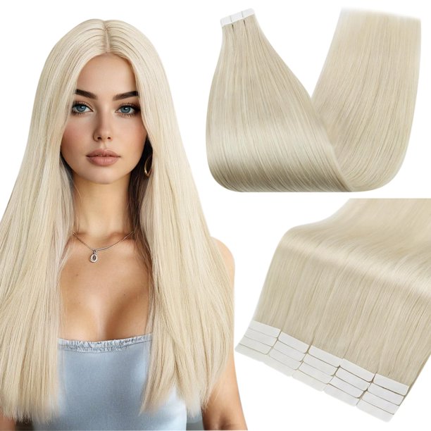 Extensiones de cabello humano con cinta Full Shine, 16 pulgadas, color 1000 rubio, extensiones de cabello Remy sin costuras, 20 piezas, 50 gramos, extensiones de cabello humano liso para mujeres