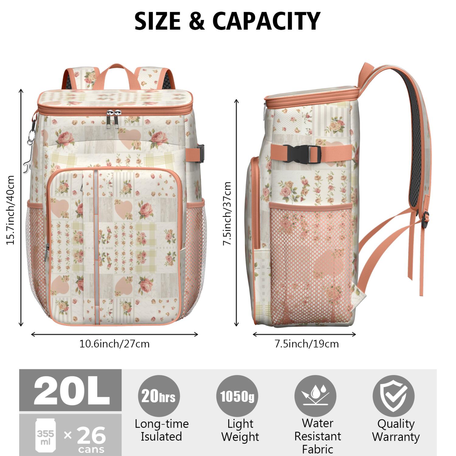 Travel Cooler Bag - Pioneer Flower Floral Print Pattern Camping Beer Cooler Backpack with Bottle Opener- Waterproof Insulated Picnic Backpacks - Cooler Bag for Beach