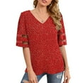 thumbnail image 4 of Pompotops Women V-Neck Printing Blouse Mesh Panel Blouse Bell Sleeve Loose Tops, 4 of 9