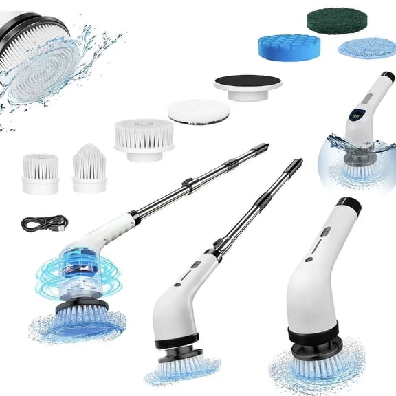 Electric Spin Scrubber, Shower Scrubber Cordless Cleaning Brush with Adjustable Extension Handle, IPX7 Waterproof, 8 Replaceable Heads, Dual Speed Bathroom Cleaner for Tub Tile Floor Kitchen
