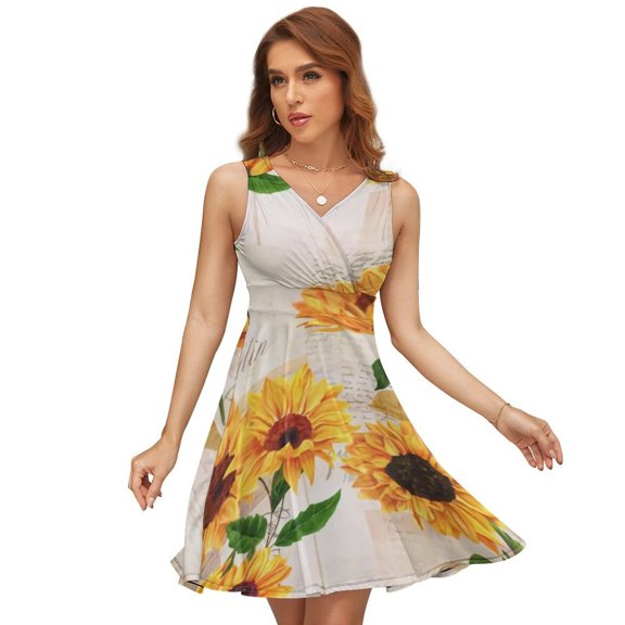 Sunflower Flowers on Old Fashioned Letters Romantic Women's Tank Dress V Neck Sleeveless Summer Sundress