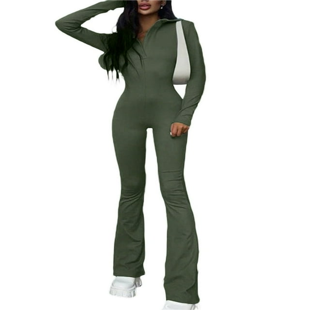 MesaSe Combinaison Évasée à Manches Longues Col en V pour Femmes Automne Mode Urbaine Sportswear Vert Armée L