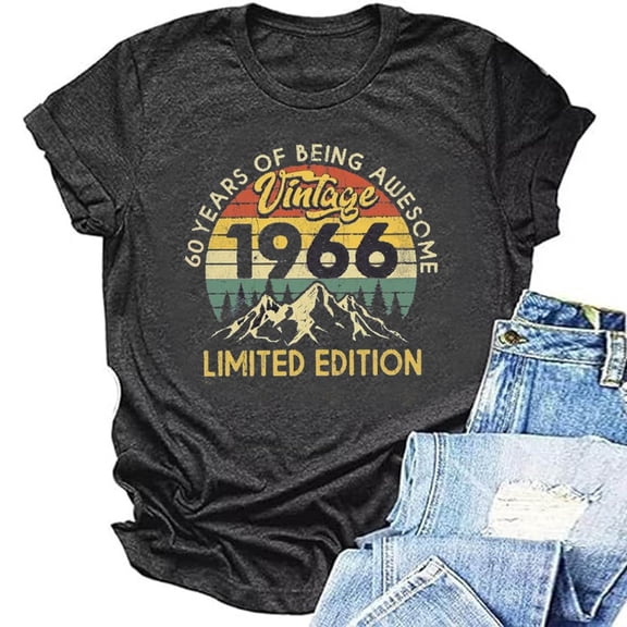 Trendfront Womens Vintage 1966 Graphic T Shirt 60th Birthday Gifts Retro Sunset Mountain Crewneck Short Sleeve Tee Limited Edition Summer Tops