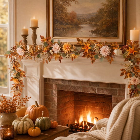 Fall Dahlia Maple Leaf Floral Garland, Thanksgiving Artificial Vines Decor, Autumn Harvest Seasonal Hanging Arrangement For Fireplace Stair Party Holiday