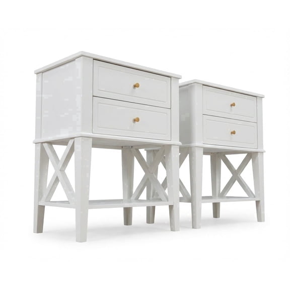 28" Tall Nightstand Set of 2, Modern Farmhouse Bedside Table with 2 Drawers & X-Design, White