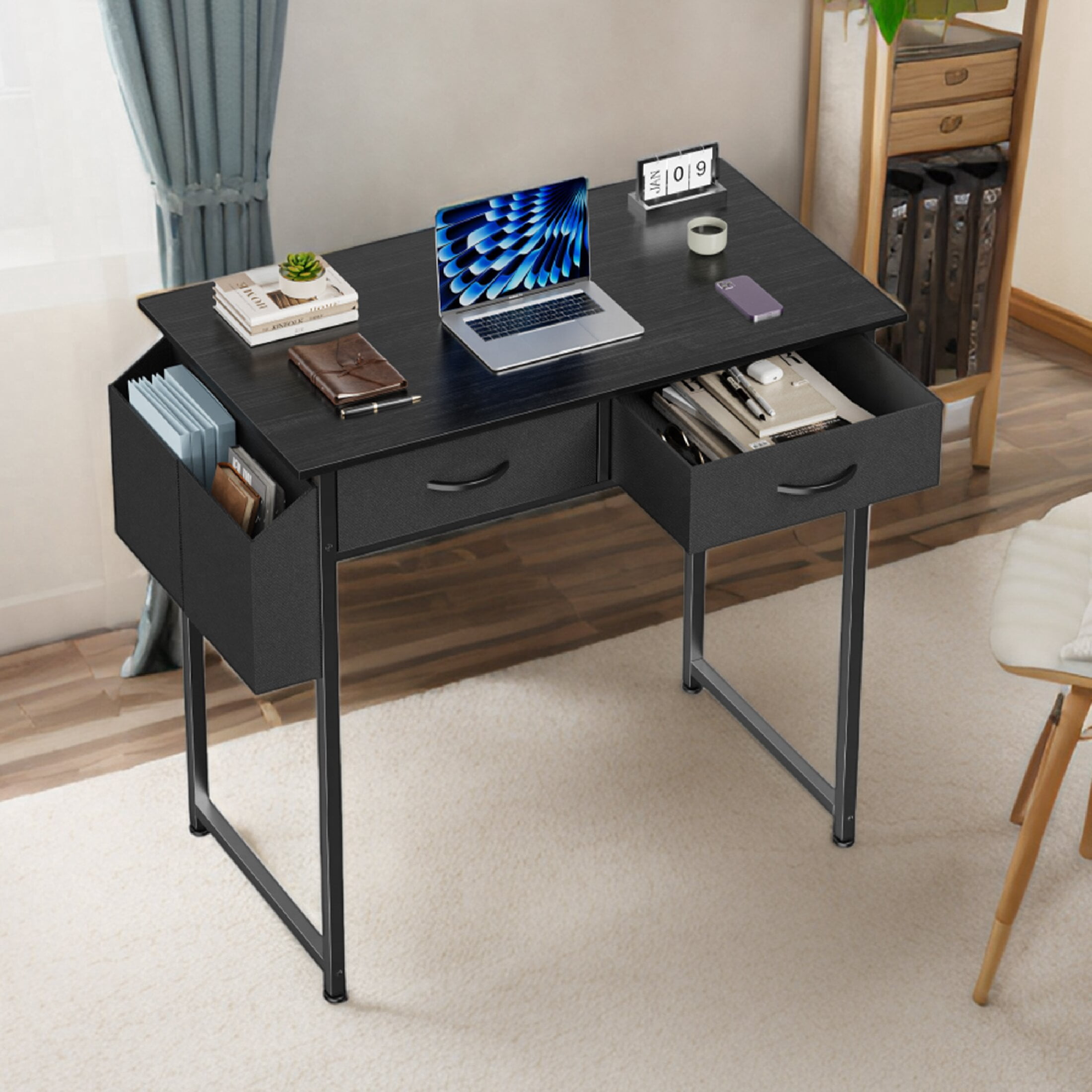 CONCETTA 32" Computer Desk with Drawers, Storage Bag, Headphone Hook, Metal Frame, Adjustable Feet for Home Office Bedroom, Black