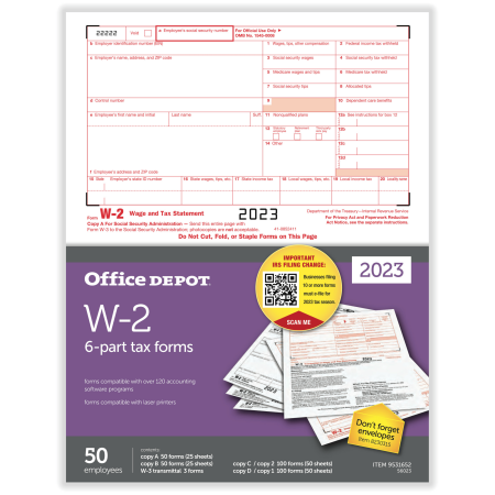 Office Depot® Brand W-2 Laser Tax Forms, 6-Part, 2-Up, 8-1/2" x 11", Pack Of 50 Form Sets