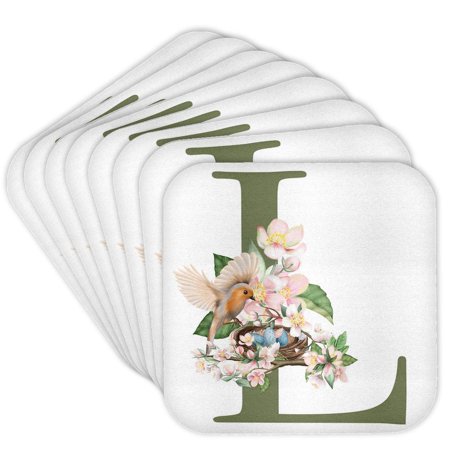 3drose, Green Monogram Initial L Pretty Floral and Bird, Set of 8 Coasters - Cork