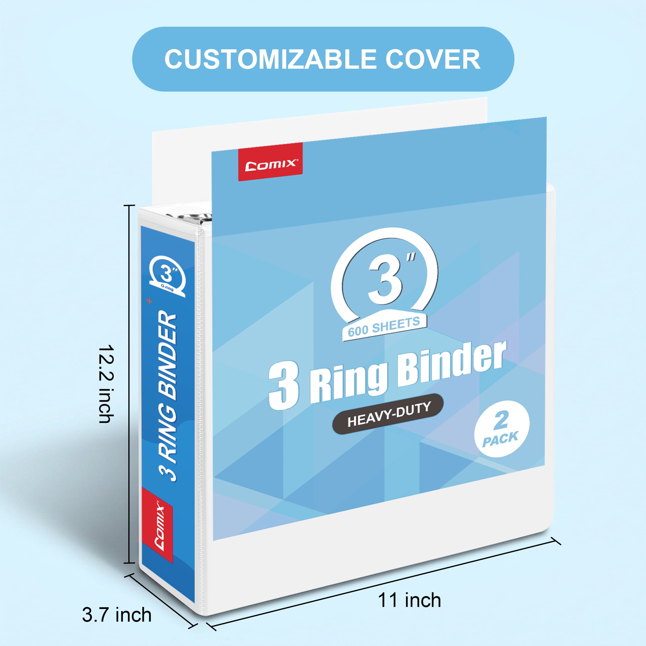 Comix Heavy-duty 3 inch 3 Ring Binder with Clear Cover,  Round Ring, 600 Sheets Capacity, Office School Supplies, 2-Pack White2 Pack White