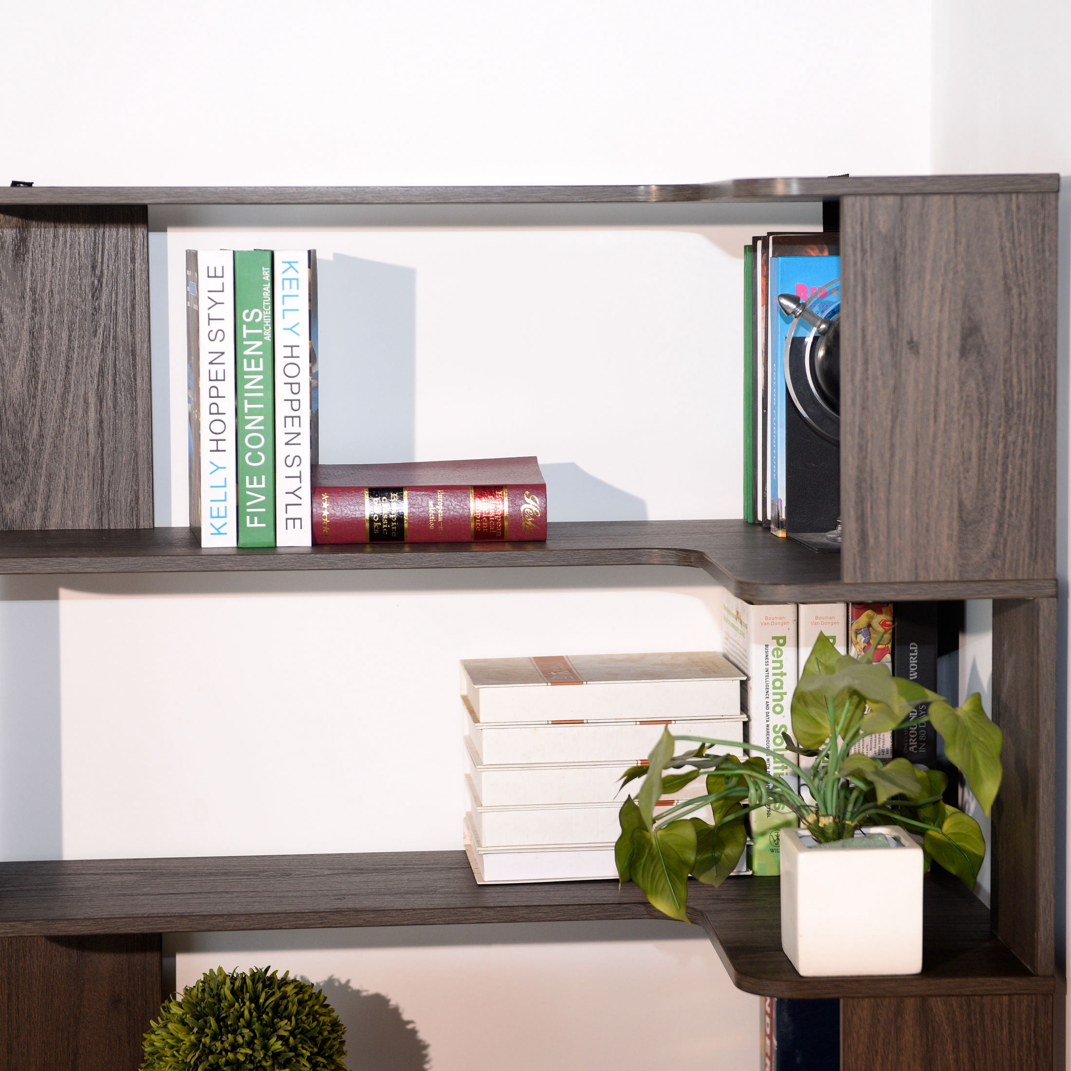 GDF Studio Derwin 5-Tier Corner Bookshelf, L-Shaped Wooden Bookcase for Living Room, Home Office, Dark Brown