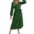 thumbnail image 2 of Women'S Polka Dot Wrap V Neck Belt Long Sleeve Pleated Maxi Dress Flowy Casual Long Dress Green XL, 2 of 9