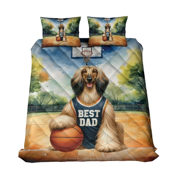 Happy Father's Day Afghan Hound Playing Basketball with Best Dad Jersey Quilt Bedding Set Dog Lover 1 Blanket Bed Cover 2 Pillowcases - 13006