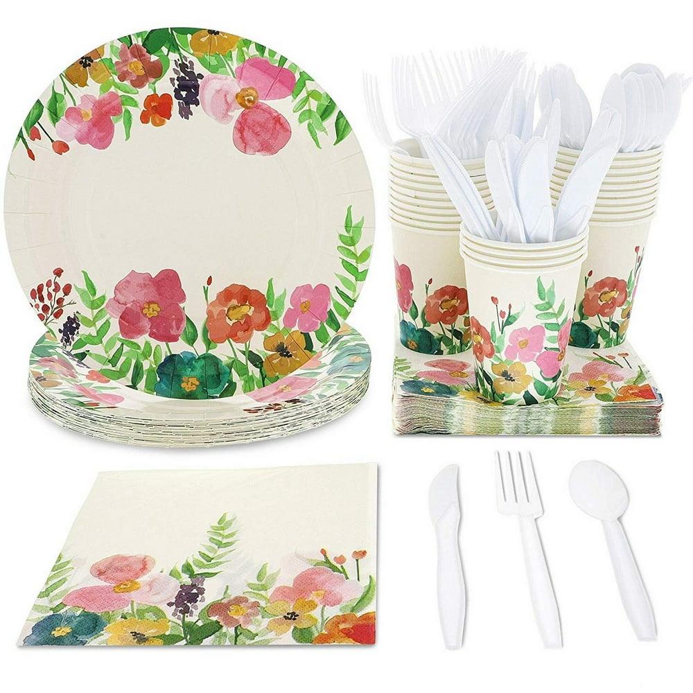 Serves 24 Watercolor Floral Party Supplies & Decorations with Paper