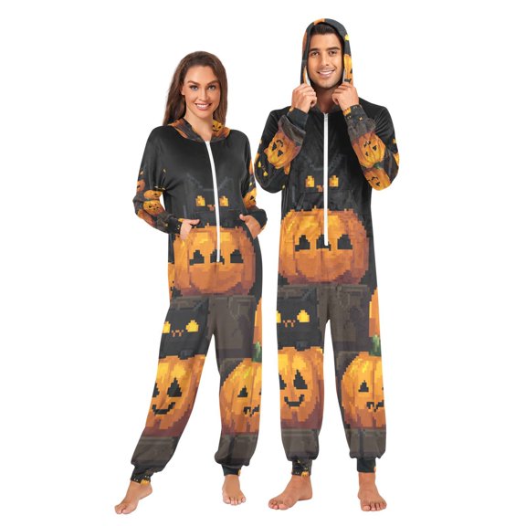 Halloween Pumpkin Pixel Adult Onesie Pajamas Slim Fit Christmas One Piece Suit Pjs for Women and Men Hooded Zipper