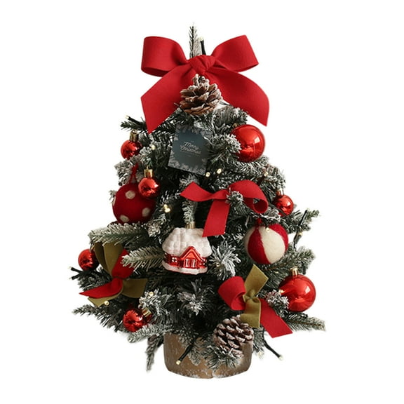 Mini Christmas Tree 18 Inch with Lights, Pre-Decorated Tabletop Holiday Tree with Ornaments, Bows, Pinecones, Wooden Base for Desk, Window, and Home Décor