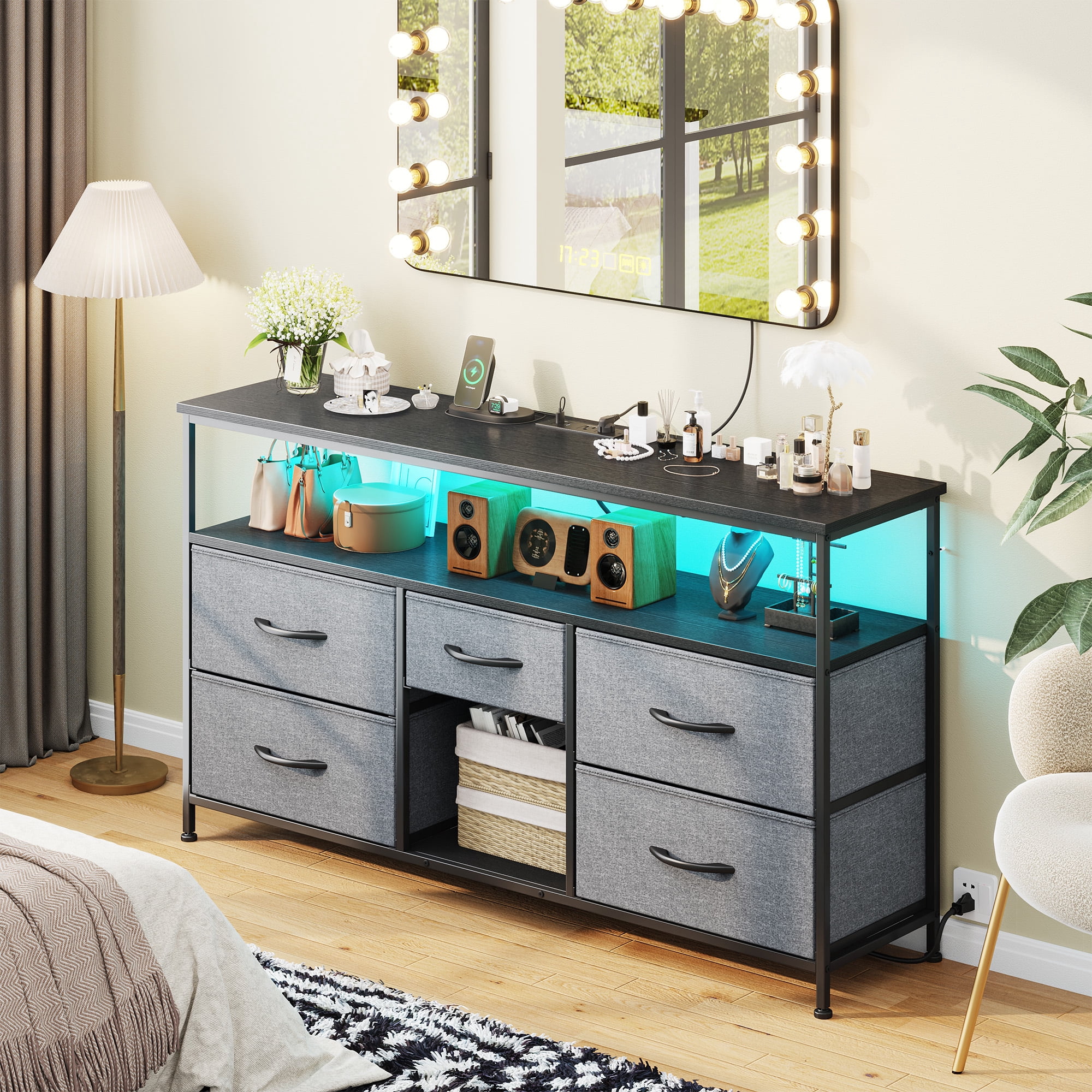 Wide Dresser with 5 Drawers for 50" TV Stand with Power Outlets & LED Lights & Entertainment Center,Dressers for Bedroom with Shelves for Living Room, Sturdy Metal Frame, Grey