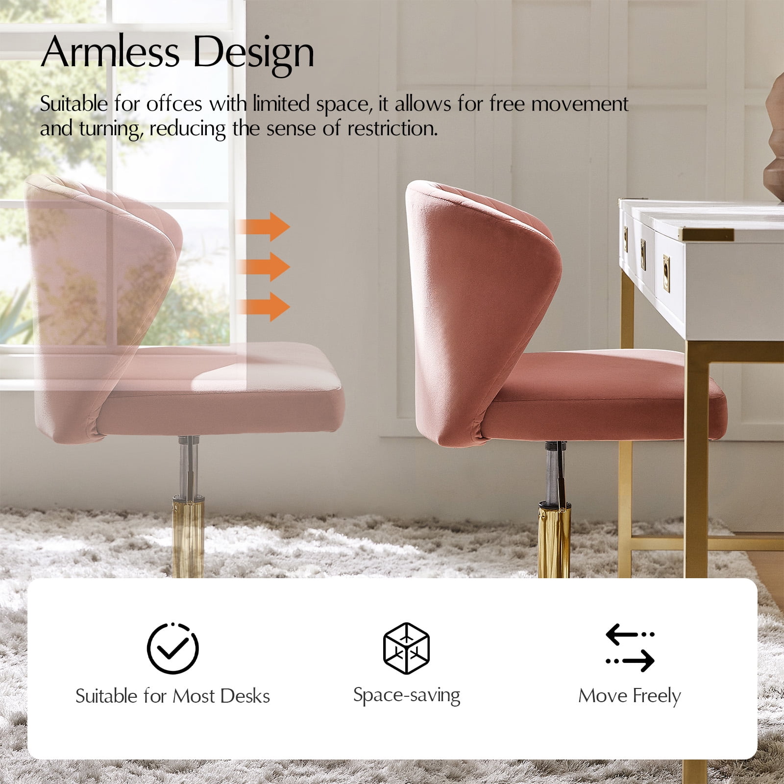 Tina's Home Pink Velvet Swivel Office Chair with Gold Legs, Adjustable Height Rolling Desk Chair for Vanity