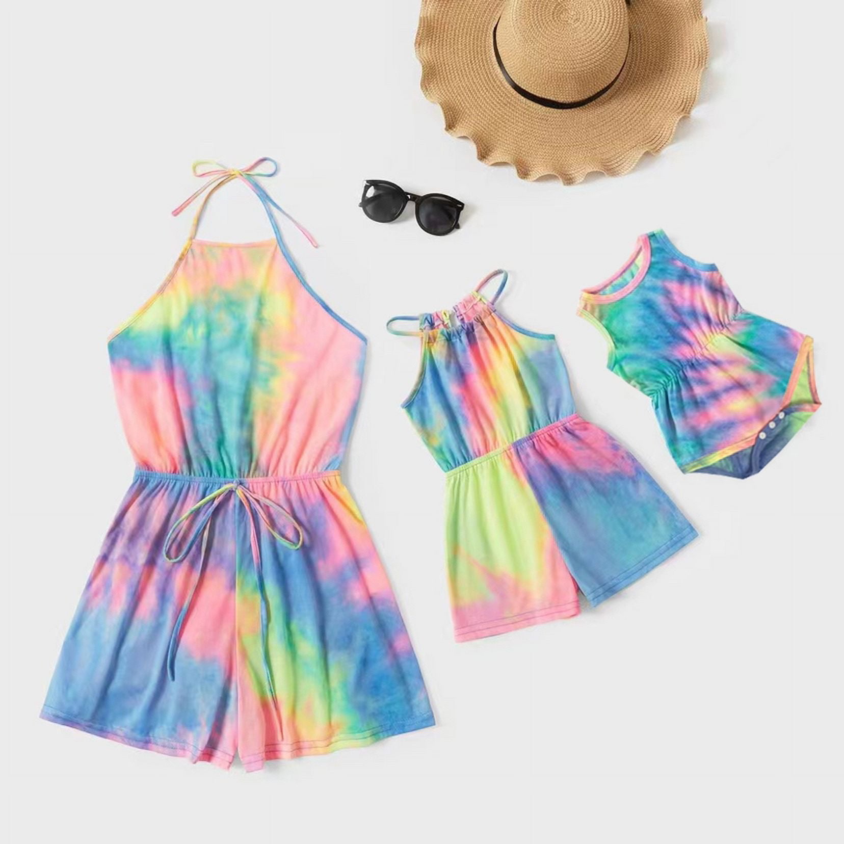 IBTOM CASTLE Mommy and Me Dresses Outfits Floral Sling Family Matching Romper V Neck Clothes Suit Set for Mother and Daughter 9-12 Months Rainbow Tie Dye