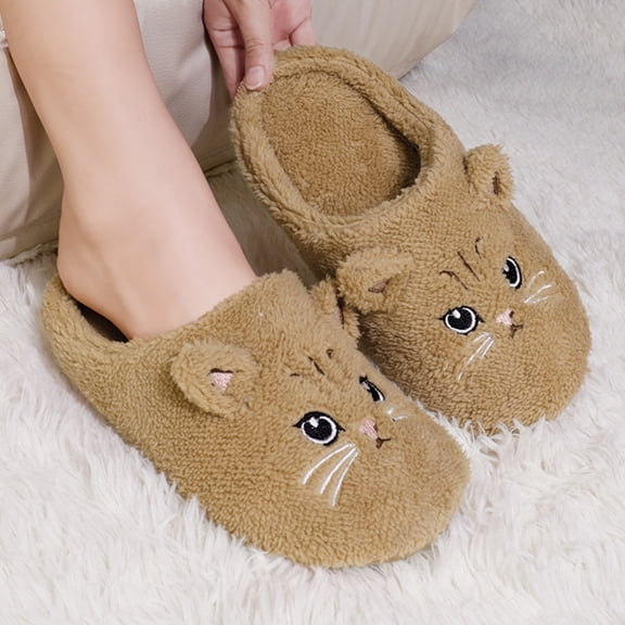 Kopltyrfg Cute Cat House Slippers for Women, Funny Animal House Shoes with Soft Memory Foam, Comfy Plush Warm Slip-on Fuzzy Slippers |Khaki 38
