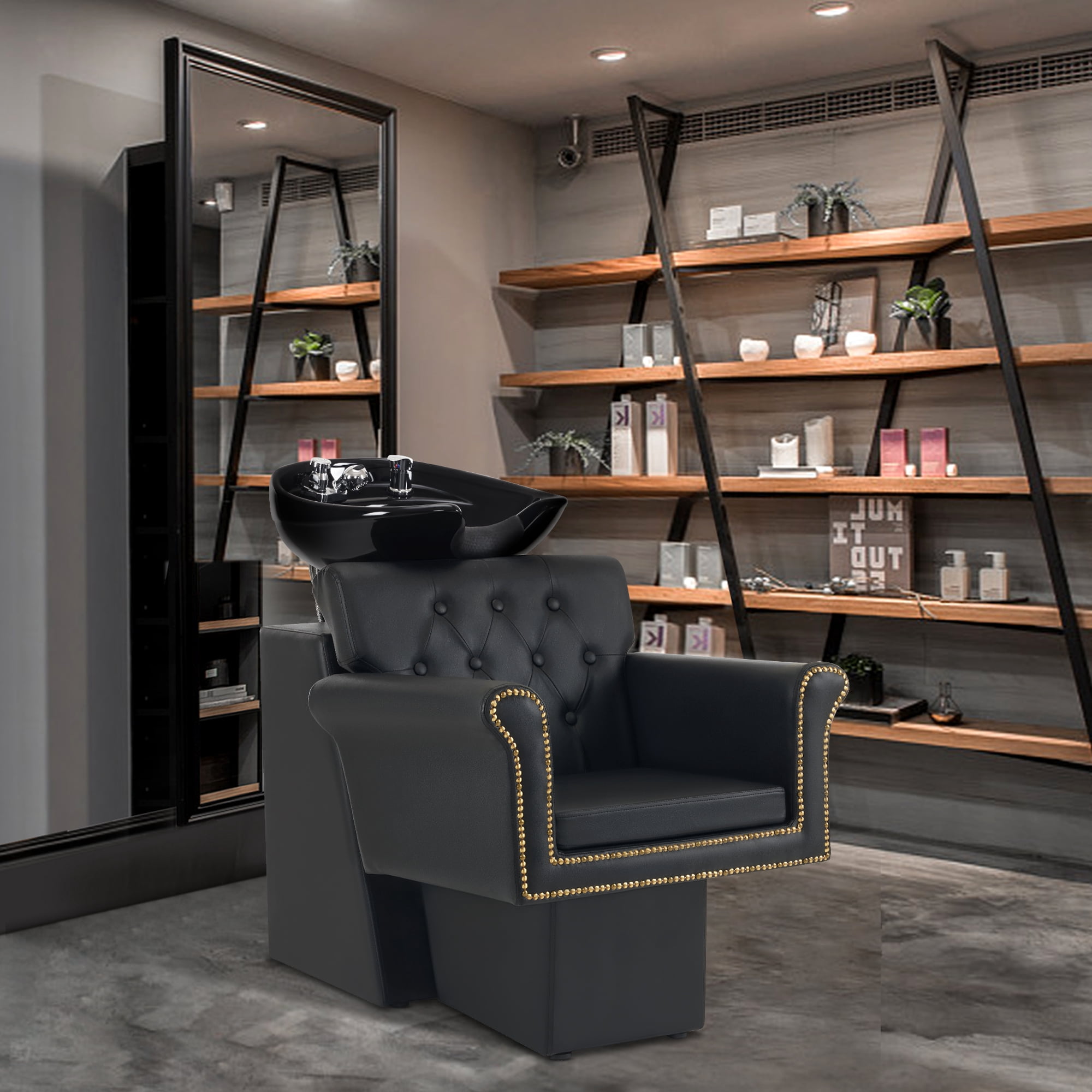 BarberPub Shampoo Chair with Ceramic Bowl Backwash Sink Salon Wash Station(Black)