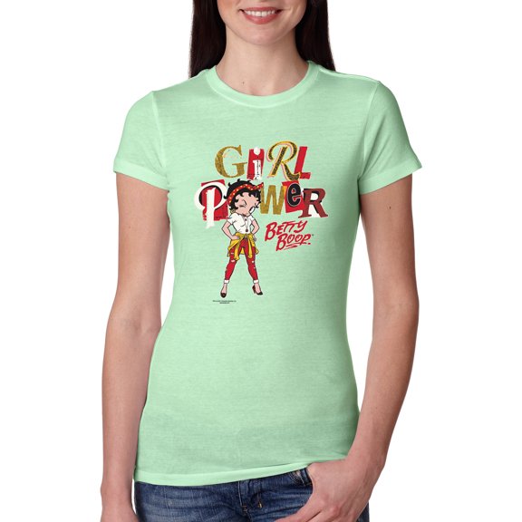 Wild Bobby, Betty Boop Winking Girl Power Femenist Betty Boop Womens Slim Fit Junior Tee, Mint, Large