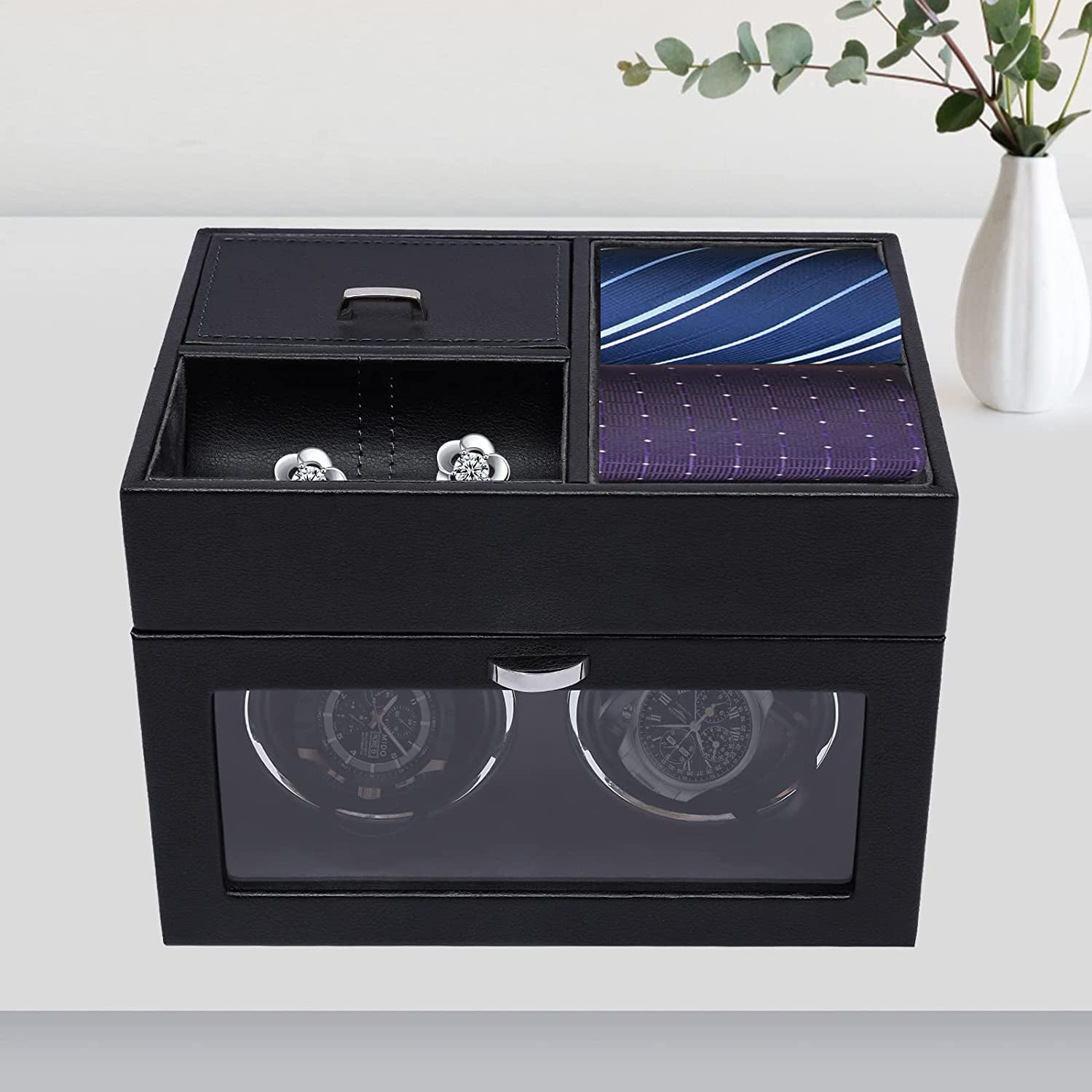 MONIPA Black PU Leather Automatic Watch Winder with LED Illumination