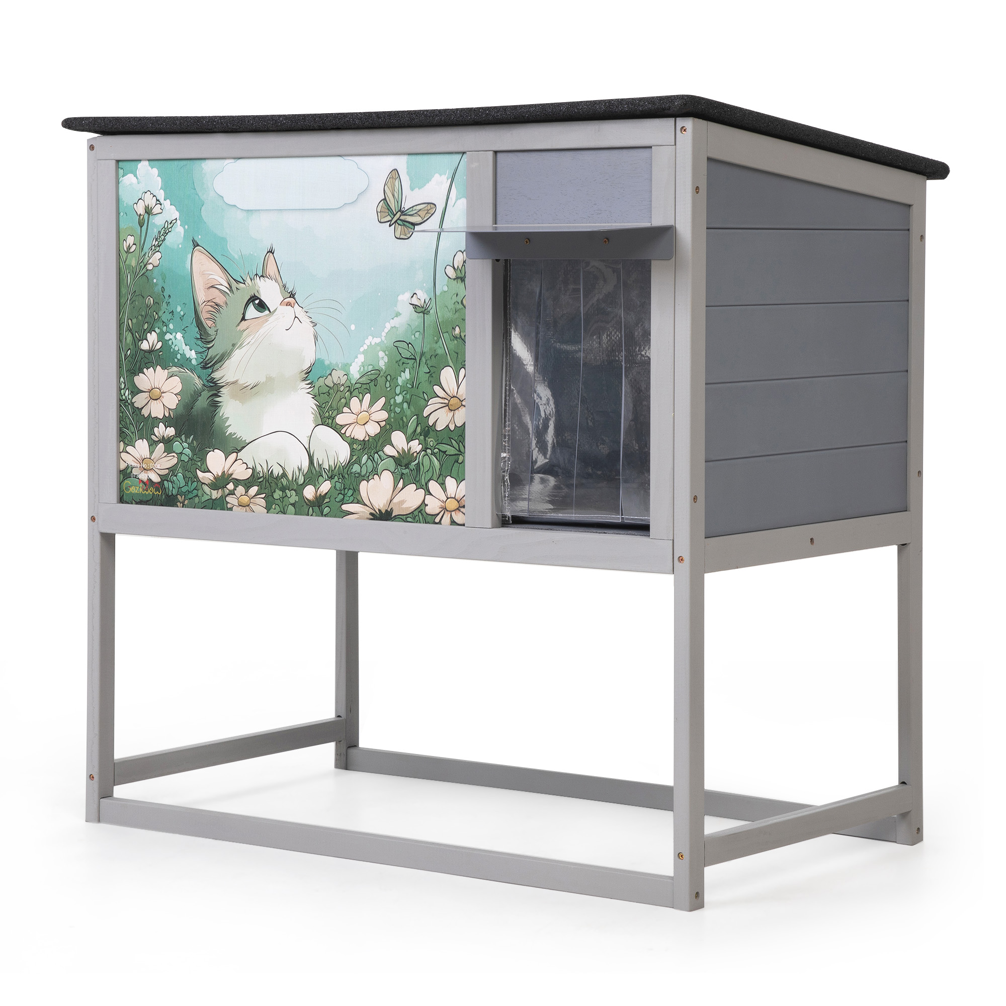 Insulated Warm Outdoor Cat House & Condos , Raised Weatherproof Kitten Shelter for Outside with All-Round Foam, Feral Cat Wooden Enclosure for Small Medium