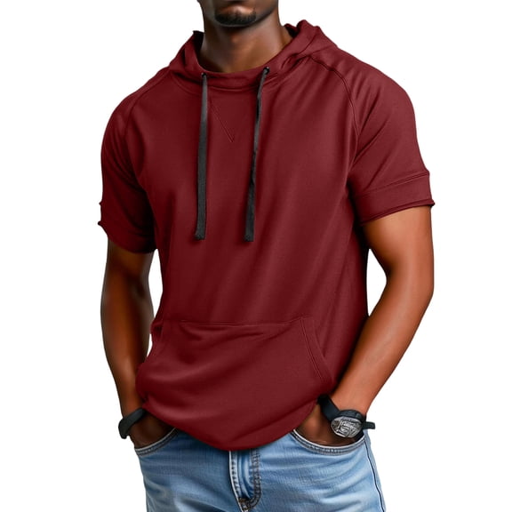 Men's Loose Pocket Casual Sports Hooded Short-Sleeve T-Shirt Comfortable Soft Fabric Spring & Summer Daily Wear Active Tops,Wine,XXL