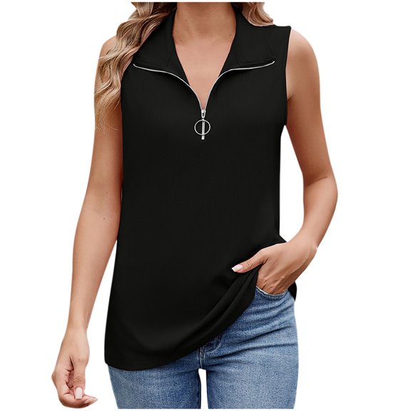 Uaswgudfs Womens Sleeveless Vest Summer V Neck Lightweight Casual Button Front Loose Fit Knit Zipper Tank Top Black L