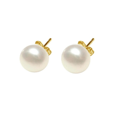 12mm AAA Freshwater Cultured White Pearl Button Stud Earrings 10K Yellow Gold