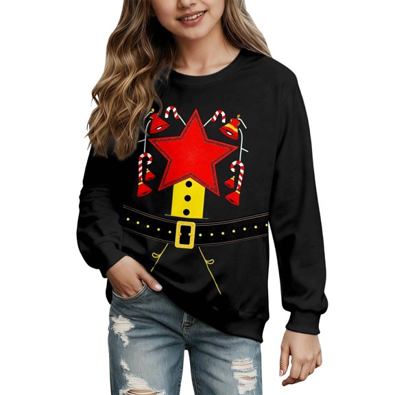 Big Girls' Relaxed-Fit Crewneck Pullover Sweatshirt Christmas Cartoon Print Long Sleeve Sweatshirt Size 11-12T , Black