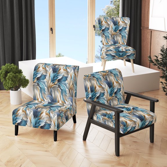 Designart "Serenity of White and Teal Marble Blooms I" Blue Paisley Upholstered Accent Chair - Glam Arm Chair For Bedroom