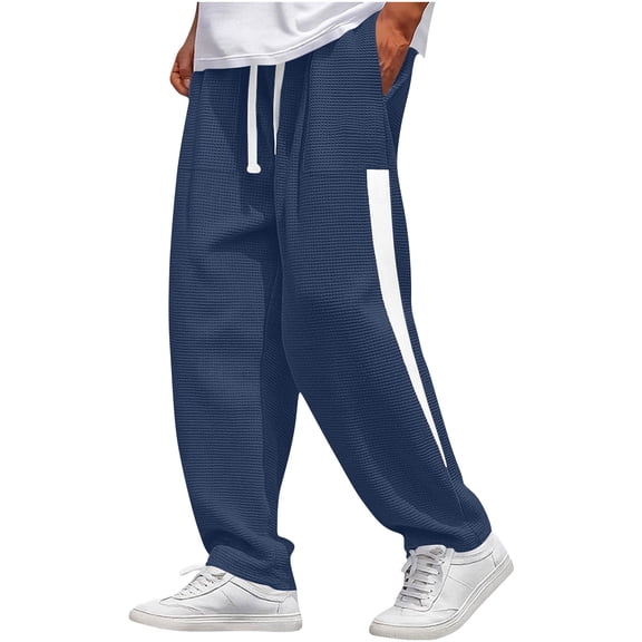 GUZOM Mens Waffle Knit Pants Navy Blue Baggy Fit Casual Lounge with Drawstring Waist Relaxed Cuffed Ankle Streetwear,Size S