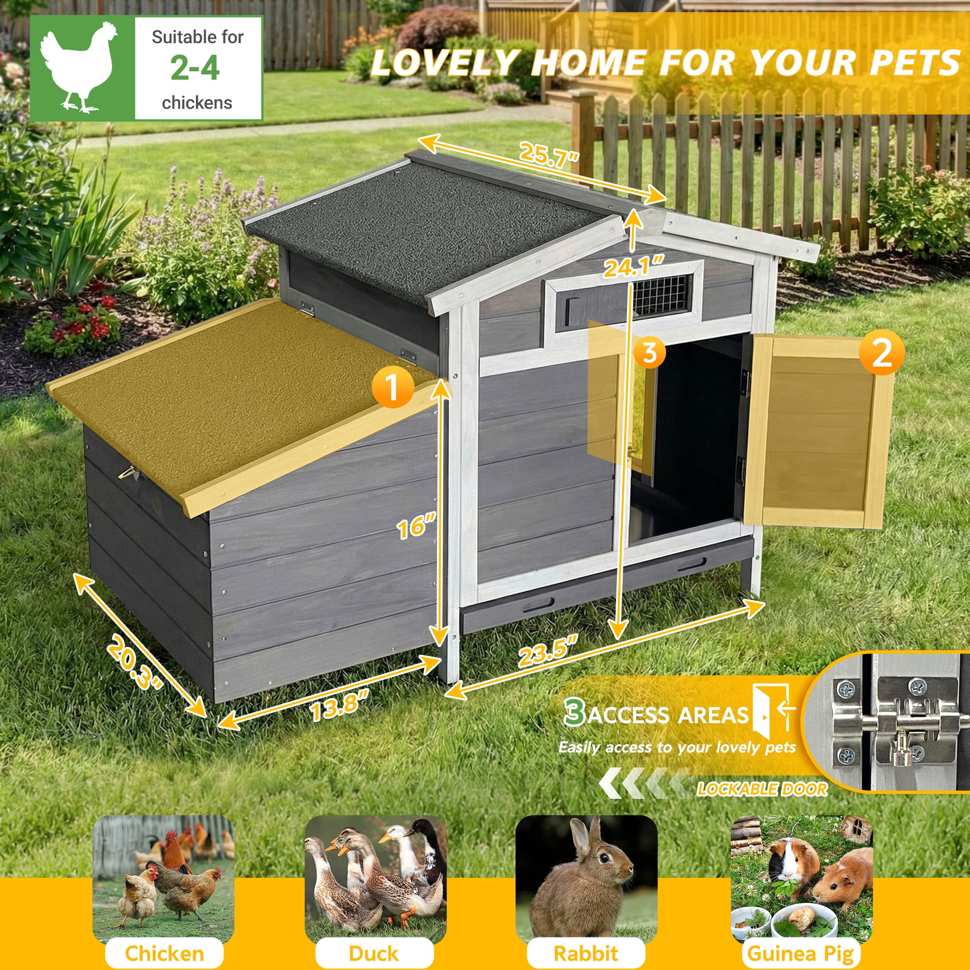 Outdoor Free-Range Wooden Chicken Coop with Asphalt Roof, Pull-Out Tray, Nesting Box with Easy Access, Front & Side Doors with Metal Latches