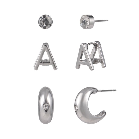 Time and Tru Silvertone 3-On Crystal Stud, Hoop, Initial "A" Earring Set