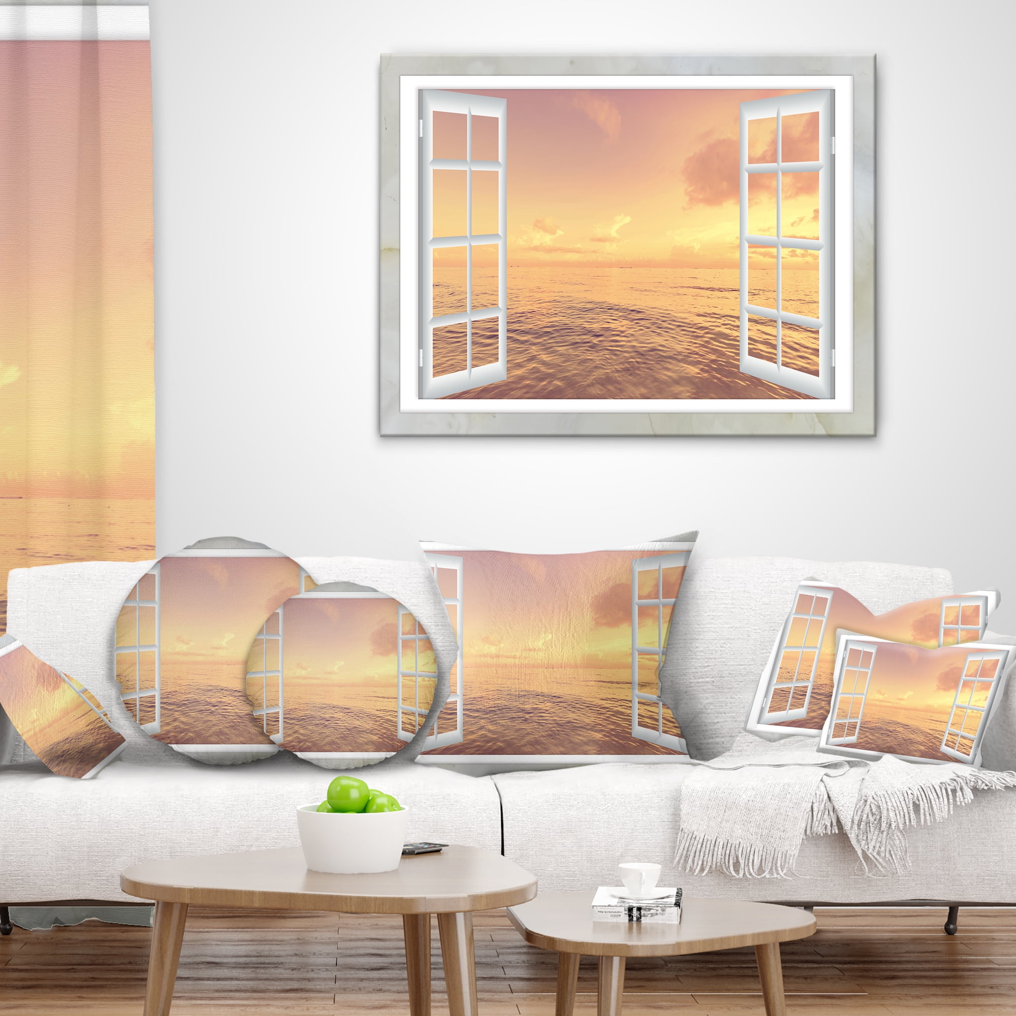 Designart Open Window to Brown Seashore - Seashore Throw Pillow - 18x18