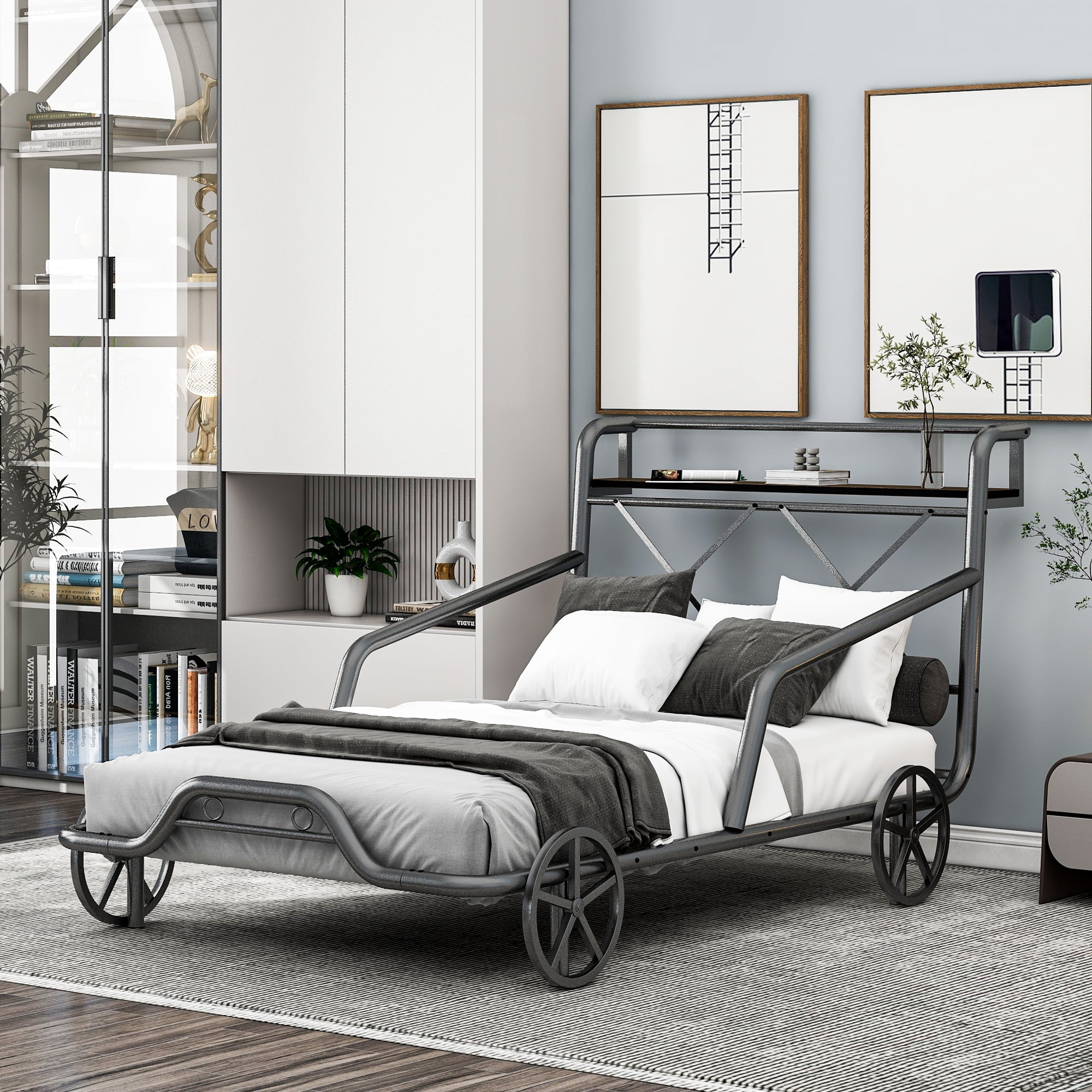 iRerts Twin Bed Frame Car Shaped, Silver Metal Twin Size Bed Frame for