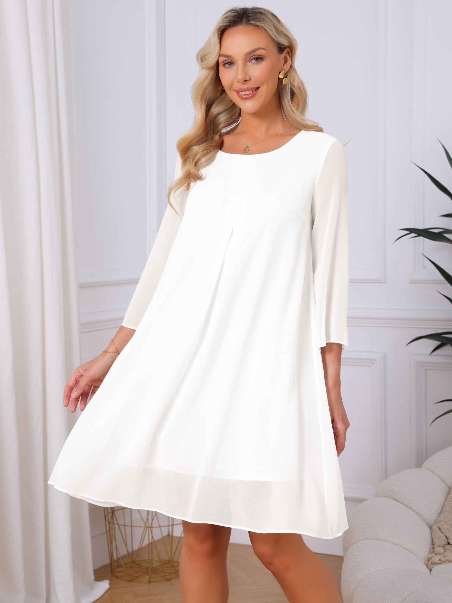 DARING DIVA Women's Chiffon 3/4 Sleeve Flowy Wedding Guest Dress L White