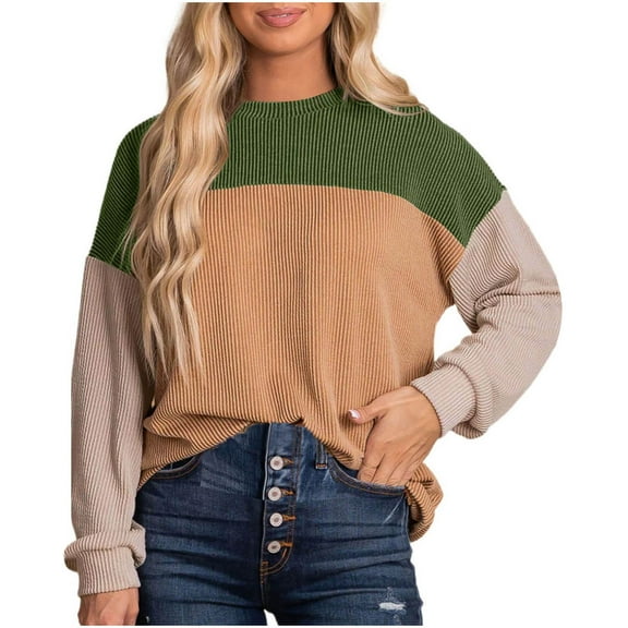 Womens Long Sleeve Knitted Tops Round Neck Color Block Pullover Winter Casual Loose Sweater