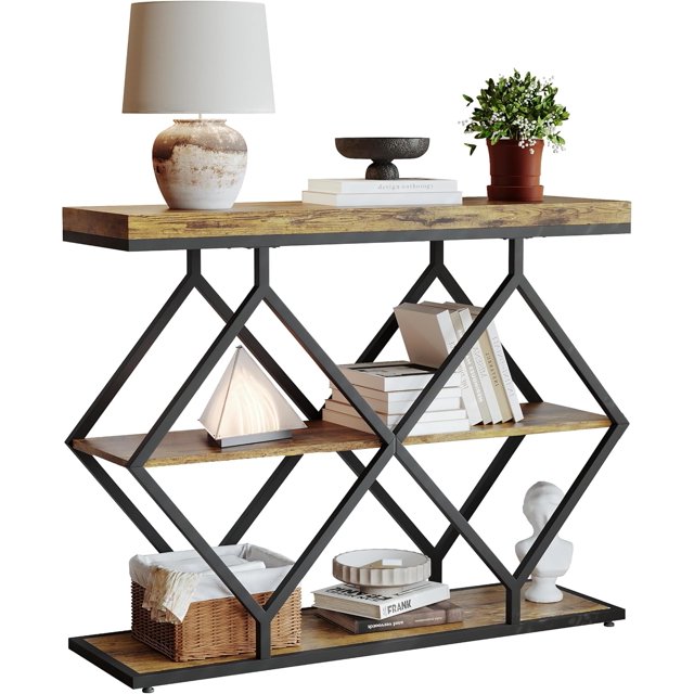 Industrial 3-Tier Entryway Table with Diamond-Shaped Metal Frame - Console Sofa Table with Open Shelves for Hallway & Foyer