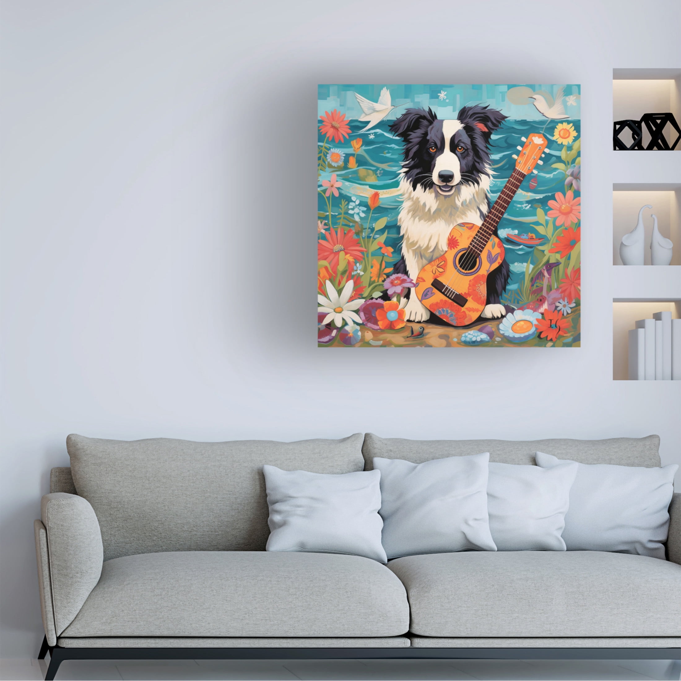 Canvas Wall Art - Ivan Guaderrama 'Beachside Collie Charm' Wall Art for Living Room, Bedroom, or Office Décor by Trademark Fine Art - 18 x 18 Inches