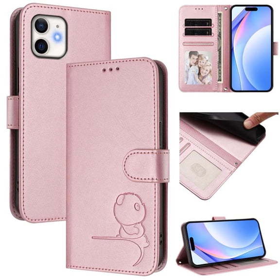 For iPhone 12 Mini Litter Panda Embossing Leather Phone Case with RFID Blocking Card Slot Wallet Magnetic Clasp Lanyard Flip Stand Case,Pink,For iPhone 12 Mini