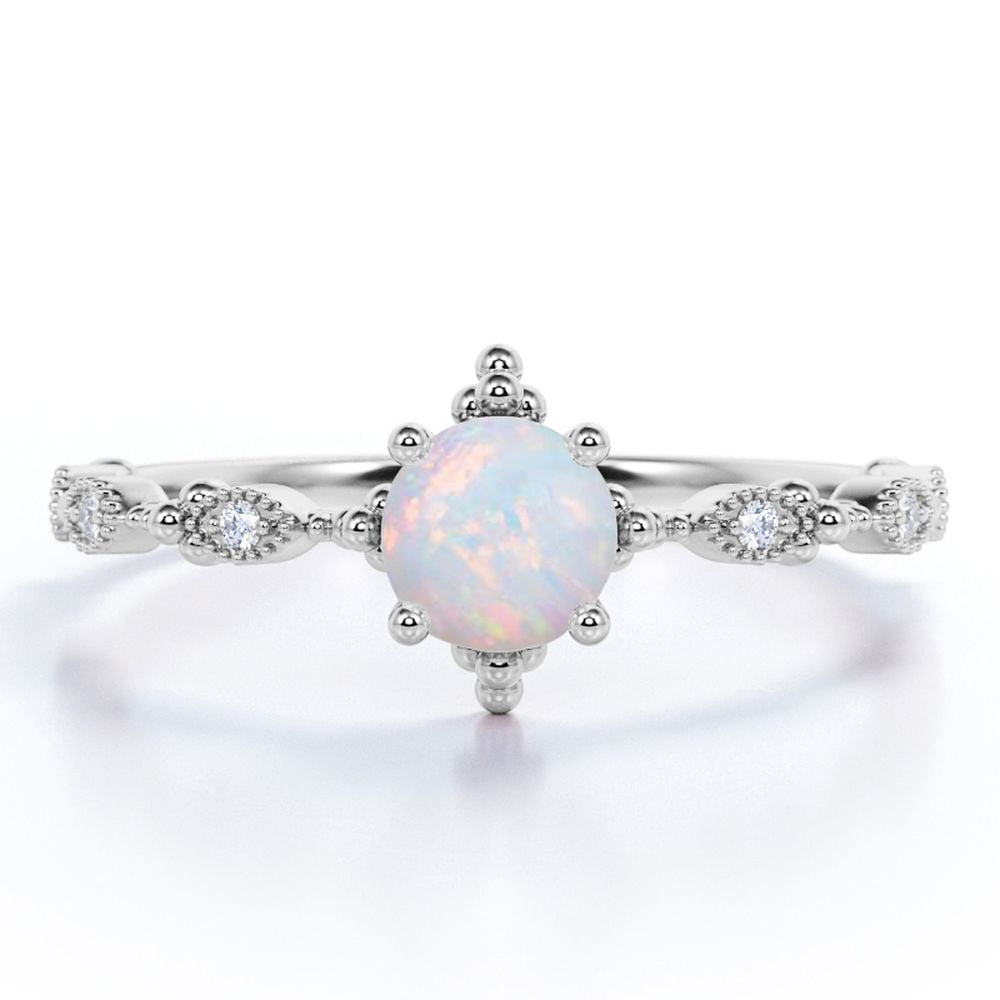 JeenMata Milgrain Decorative 1.10 Carat Round Cut Natural Rainbow Opal and Moissanite Four-Prong Filigree Engagement Ring in 18K White Gold Plating over Silver