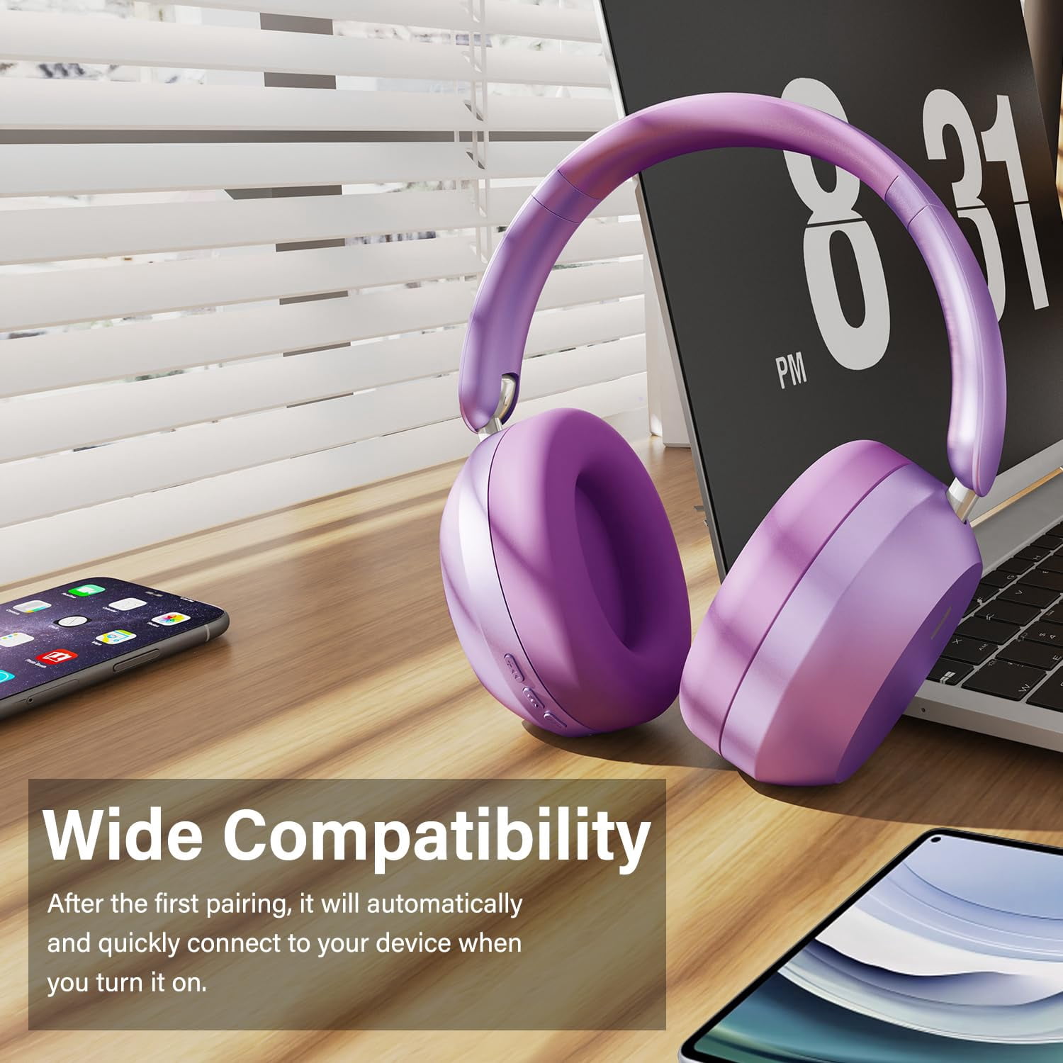 Mahipey Y05 Bluetooth Headphones Wireless Over Ear with Microphone,48 Hours Playtime,High Sound Quality,Foldable Soft Earpads Earphones for Travel/Commute/Workouts Purple