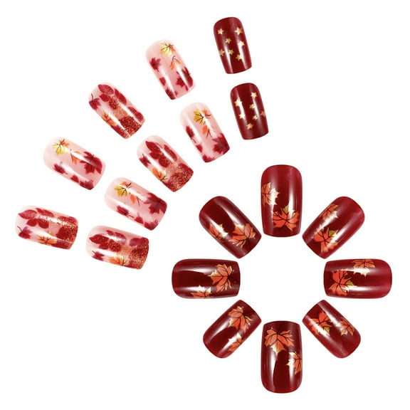 24pcs Short Square Press On Nails with Maple Leaves Designs on Nails Manicure for Thanksgiving and Fall Event