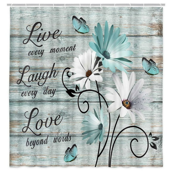Teal Flower Shower Curtains for Bathroom, Rustic Farmhouse Floral Shower Curtain Set with Hooks, Old Country Wooden Home Hotels Machine Washable Fabric Bath Curtain, 72 X 72 Inches