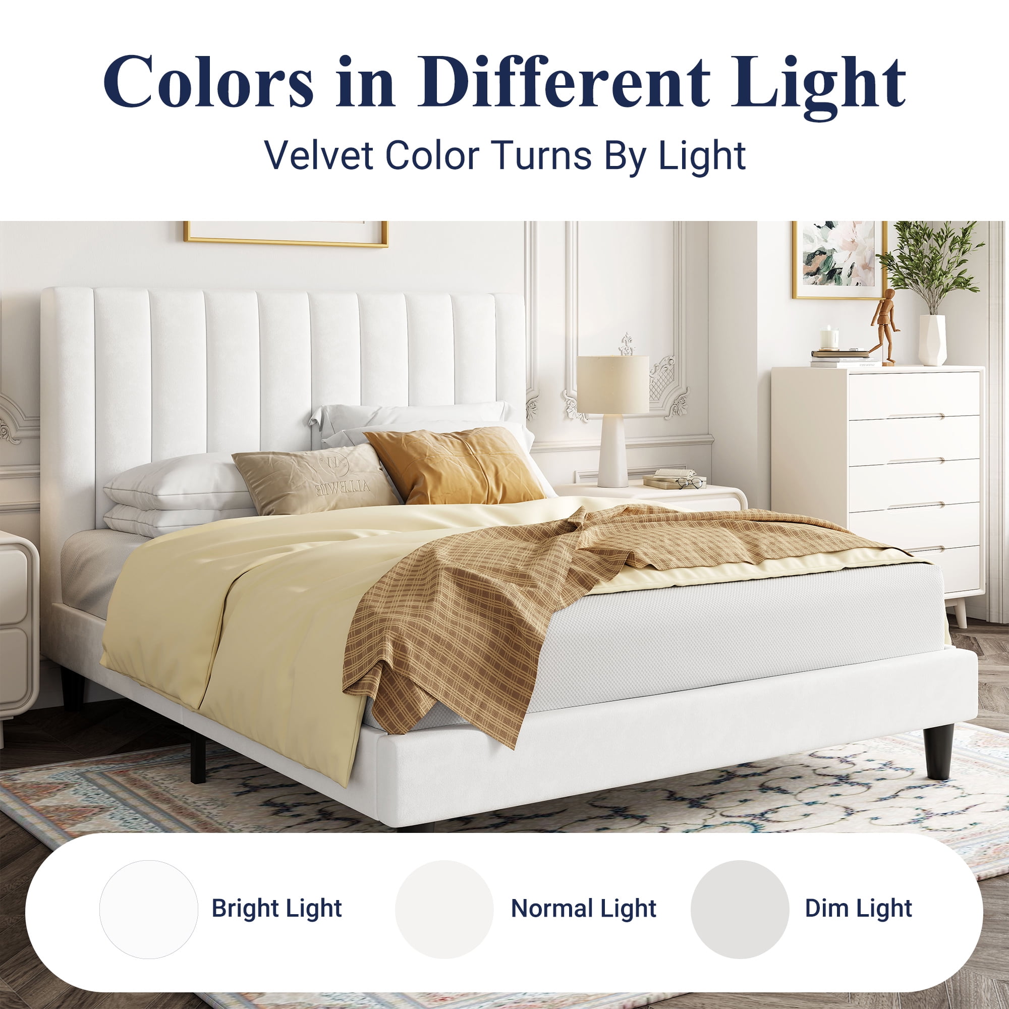 Allewie Full Size Velvet Upholstered Bed Frame with Vertical Channel Tufted Headboard, White