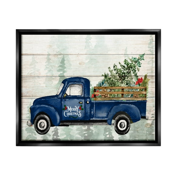 Stupell Industries Merry Christmas Blue Holiday Truck Graphic Art Jet Black Floating Framed Canvas Print Wall Art, Design by Kim Allen